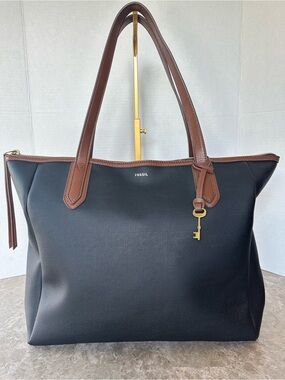Fossil Black Tote Bag Brown Trim Key Charm Large Shoulder Handbag Classic Purse
